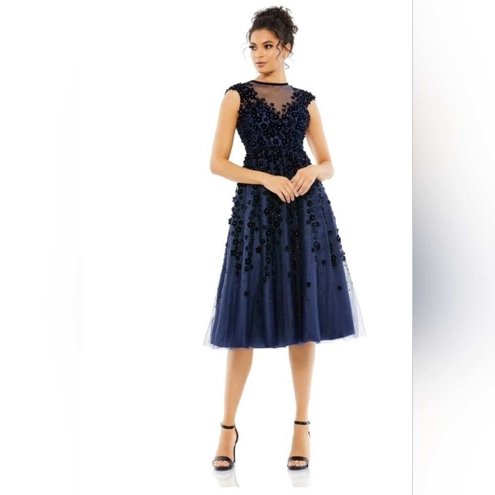 Mac Duggal, Embellished Illusion HighNeck Cap Sleeve Midi Dress,Midnight, Size 4